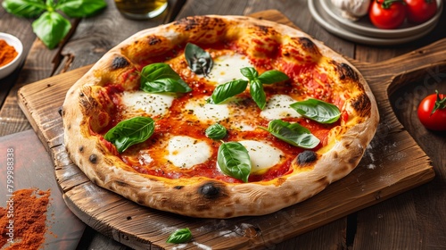 A freshly baked Margherita pizza garnished with lush basil leaves on a wooden board.