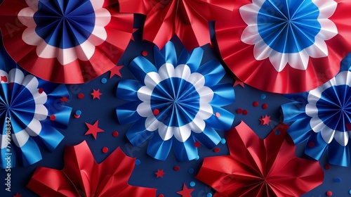 A patriotic display of paper rosettes in red, white, and blue with scattered stars, resembling American flag colors. photo