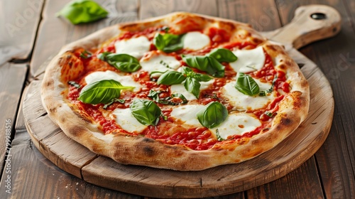 Delicious traditional Italian pizza with fresh basil, mozzarella cheese, and tomato sauce on a wooden board.