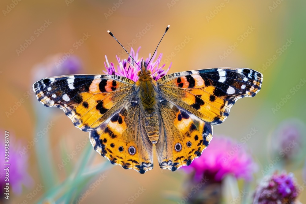 A close-up of a vibrant butterfly resting on a wildflower, its patterned wings contrasting with the delicate petals A close-up of a vibrant butterfly resting on a wildflower, its patterned wings contrasting with the delicate petals