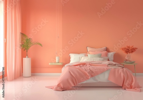 2025's trendy pastel peach fuzz bedroom features Panton furniture in a luxurious modern interior. Empty wall for art in 3D render