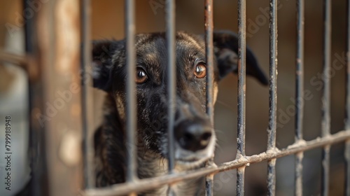 An expressive dog gazes through the bars of a shelter cage, awaiting adoption.