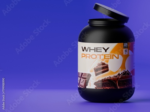 3d whey protein tub supplement container, on purple background (ID: 799988990)