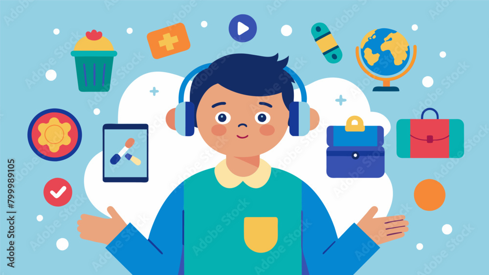 A student with autism using a sensory toolkit with noisecancelling headphones stress balls and a visual schedule to manage sensory overload during the. Vector illustration A student with autism using a sensory toolkit with noisecancelling headphones stress balls and a visual schedule to manage sensory overload during the. Vector illustration
