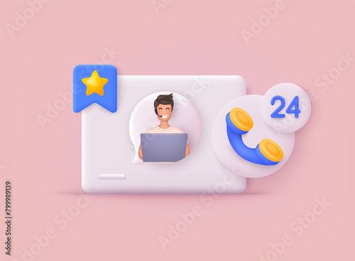 Call center, online customer support. Contact Us Customer Service For Personal Assistant Service, Person Advisor and Social Media Network. 3D Web Vector Illustrations.