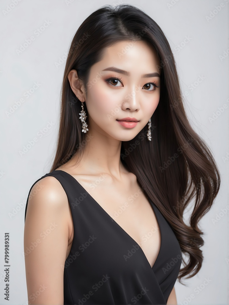 asian beautiful woman on black dress with long hair on plain white background close-up portrait from Generative AI