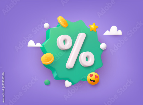 Label set with percent, check mark and discount. App icon. 3D Web Vector Illustrations.