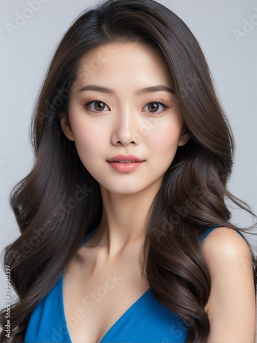 asian beautiful woman on blue dress with long hair on plain white background close-up portrait from Generative AI