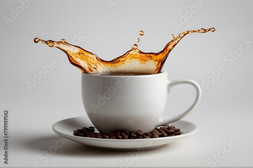 A saucer cup of coffee on a minimal white background with a splash of coffee liquid on it.