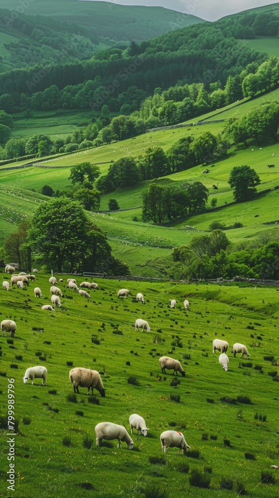 A panoramic view of a meadow dotted with grazing sheep, their white forms contrasting with the vibrant green landscape