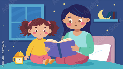 An older sibling reads their younger sister a bedtime story using the characters and plot to address important life lessons.. Vector illustration