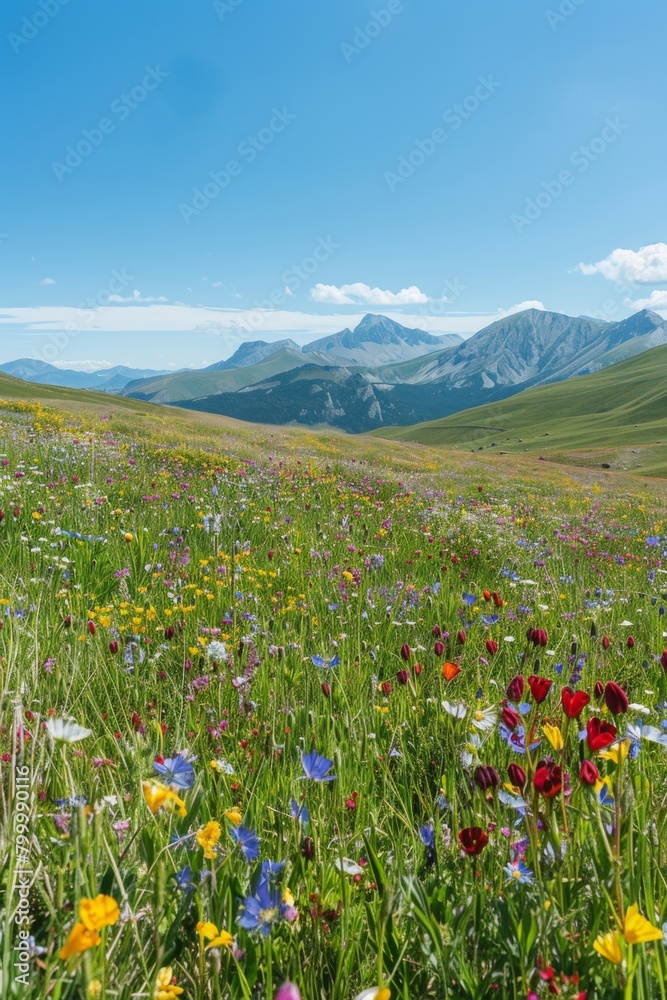 A panoramic view of a vast meadow carpeted in vibrant wildflowers, stretching towards a distant mountain