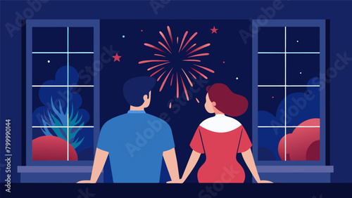 The couple takes a break from sewing and gazes out the window watching fireworks light up the sky in celebration of the nations independence.. Vector illustration