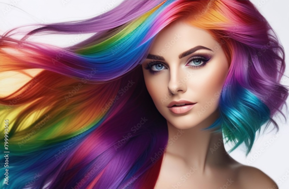 Portrait of a young beautiful woman with long flowing hair, dyed in rainbow colors