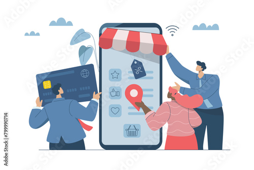 Online store design, Collaboration of partners, website development, Online shopping store concept creation, Business team working on web design development for mobile phone screens. Vector design.