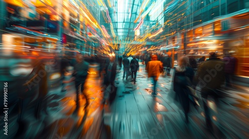 Dynamic image of blurred people walking in a brightly lit urban corridor, conveying motion and city life.