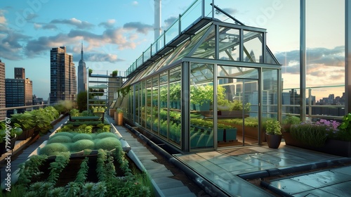 Contemporary urban rooftop greenhouse with hydroponic growing systems, glass walls, and sustainable gardening workshops. © Basharat