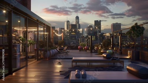 Contemporary urban rooftop gym with state-of-the-art equipment  skyline views  and fitness classes.