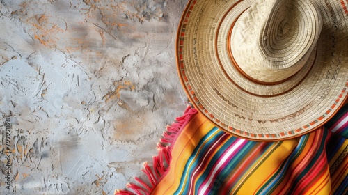Colorful Mexican serape and a traditional straw sombrero on a textured concrete background.