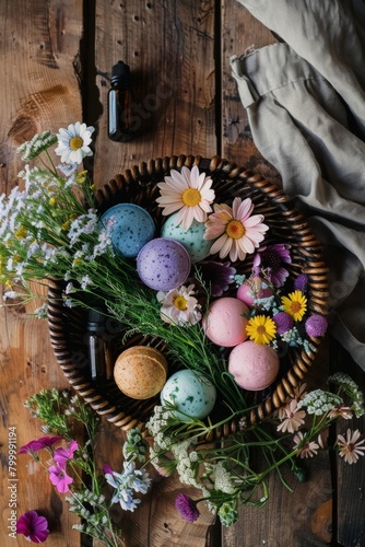 Top-view shot of a weathered wooden tabletop with a woven basket overflowing with colorful bath bombs, dried flowers