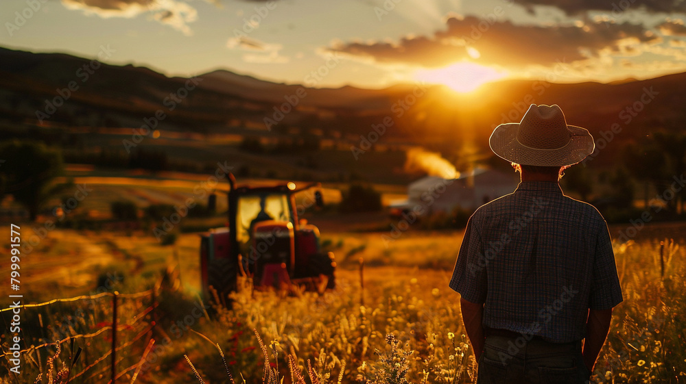 Fototapeta premium back view of a farmer stands in the field and looks at his farm with tractor