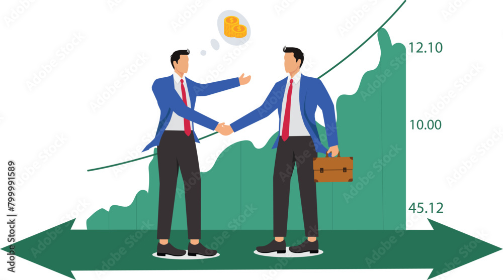 Business cooperation, agreement, two businessmen standing on the arrows facing each other shaking hands Business cooperation, agreement, two businessmen standing on the arrows facing each other shaking hands