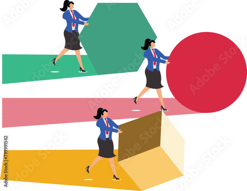 Businesswoman pushing cube, efficient businessman wins, efficiency concept, business illustration