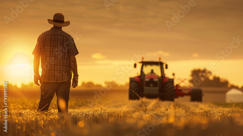 back view of a farmer stands in the field and looks at his farm with tractor © Yuwarin