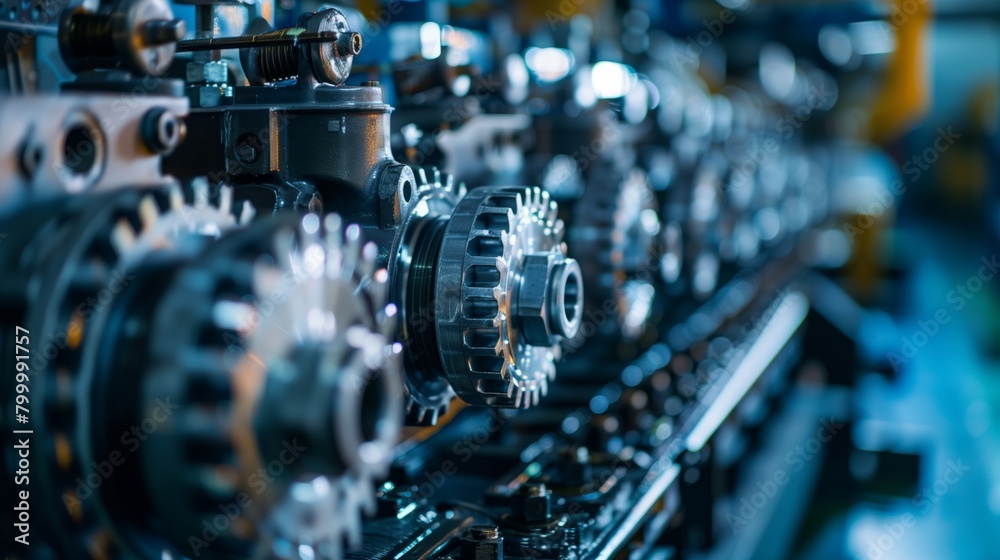Close-up view of engine gears and mechanical components in a factory setting. Close-up view of engine gears and mechanical components in a factory setting.