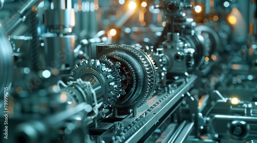 Detailed view of a high-tech industrial machinery with gears and mechanical parts under blue lighting.