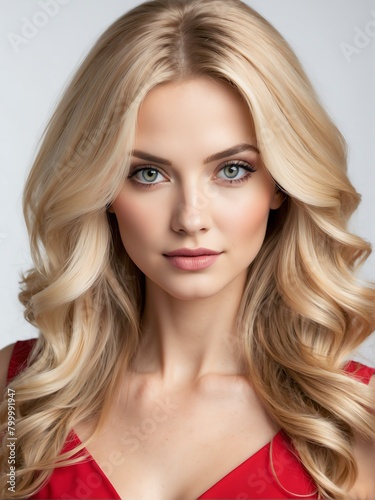 blonde beautiful woman on red dress with long hair on plain white background close-up portrait from Generative AI