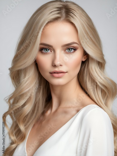 blonde beautiful woman on white dress with long hair on plain white background close-up portrait from Generative AI