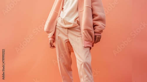 Person wearing a peach-colored tracksuit and bomber jacket against a matching backdrop. photo