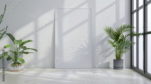 Minimalist interior design of living room with white walls, concrete floor, large windows and plant pots mock up