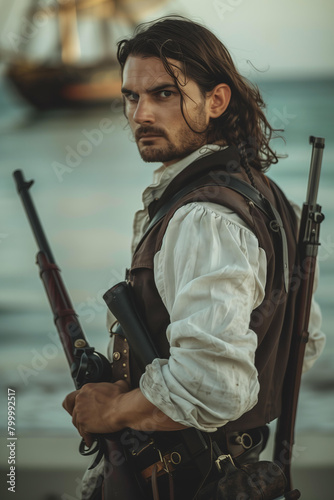 handsome atractive man with long hair, dressed in pirate attire and holding an old-fashioned musket stands on the beach by the sea,pirate ship blured on the background, filibuster, corsair, adventure