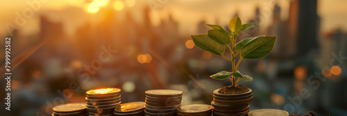 A plant grows atop a pile of coins against a sunset backdrop indicating renewable resources and financial prosperity in an urban setting