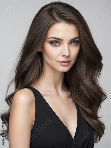 caucasian beautiful woman on black dress with long hair on plain white background close-up portrait from Generative AI
