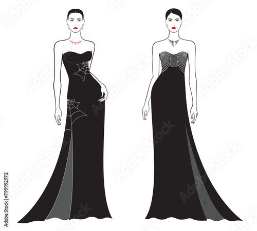 Fashion models in elegant evening attire, in black color, outline, isolated, vector illustration on white background.