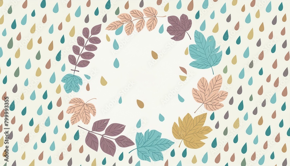 Multicolored but not bright autumn background with a frame of leaves, raindrops, and a space for text Multicolored but not bright autumn background with a frame of leaves, raindrops, and a space for text