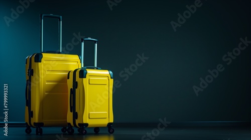 Two bright yellow suitcases, a large and a medium one, set against a dark blue background.