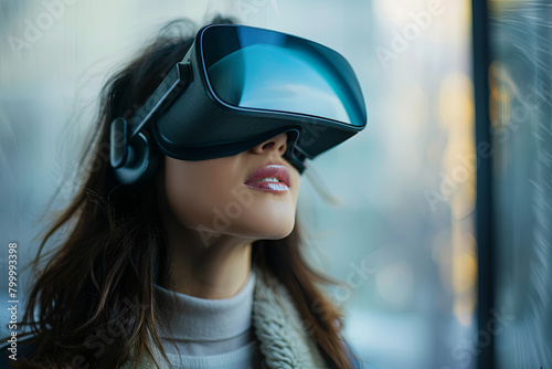 Female professional wearing virtual reality headset, symbolizing the boundless potential of the metaverse within a contemporary workplace environment photo