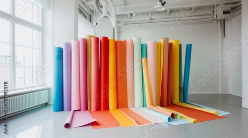 Brightly colored rolls of paper in a minimalist white photography studio © Fat Bee