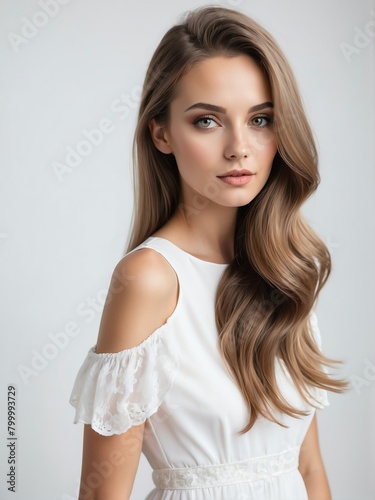 caucasian beautiful woman on white dress with long hair on plain white background close-up portrait from Generative AI
