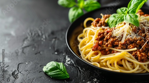 Close-up image of a plate of spaghetti Bolognese, garnished with fresh basil and shredded cheese. photo