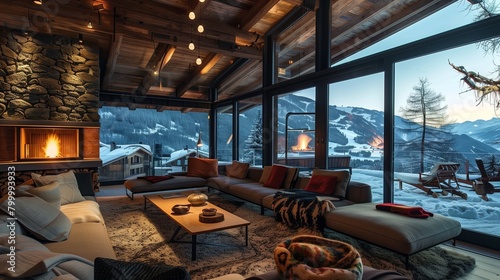 Modern chalet with cozy textiles, stone fireplace, and panoramic views. © Basharat