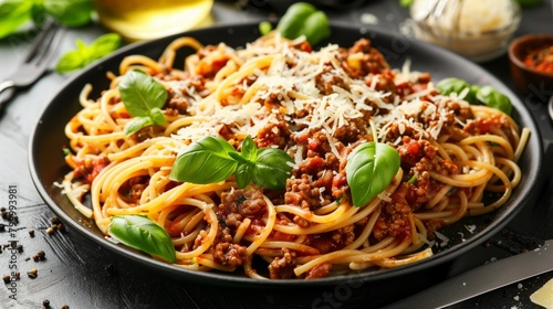 Delicious spaghetti bolognese with grated Parmesan cheese and fresh basil on a dark plate.