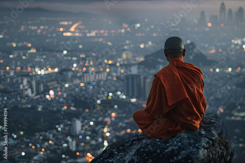 Buddhist monk in contemplative posture atop a mountain, gazing upon the cityscape and night sky