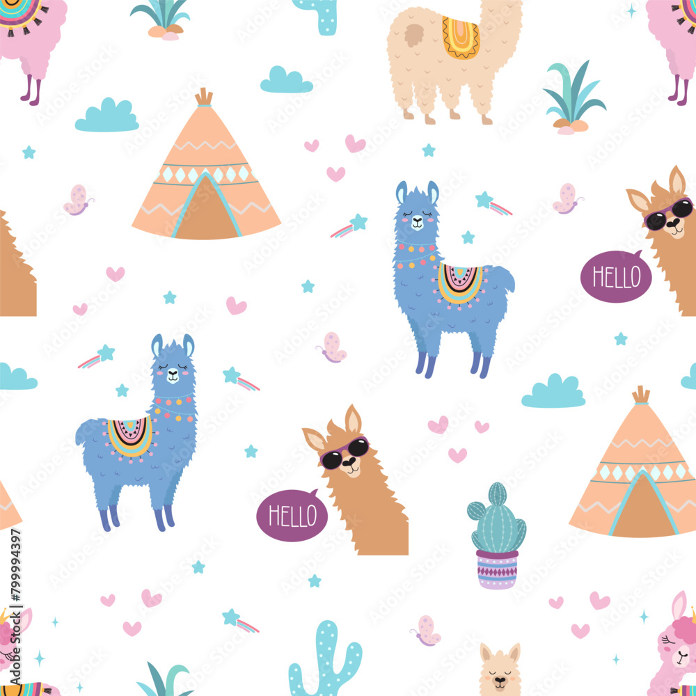 Naklejka premium seamless pattern with cute cartoon llamas