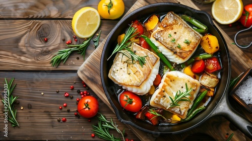 Delicious pan-seared fish fillets with colorful vegetables and fresh herbs in a skillet. photo