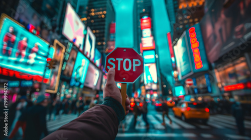 Hand holding a red stop sign with blurred neon-lit Times Square background captures urban life and the concept of caution in bustling environments